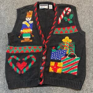 Vintage Jennifer Moore Petites Womens Medium Ugly Christmas Sweater Vest Black